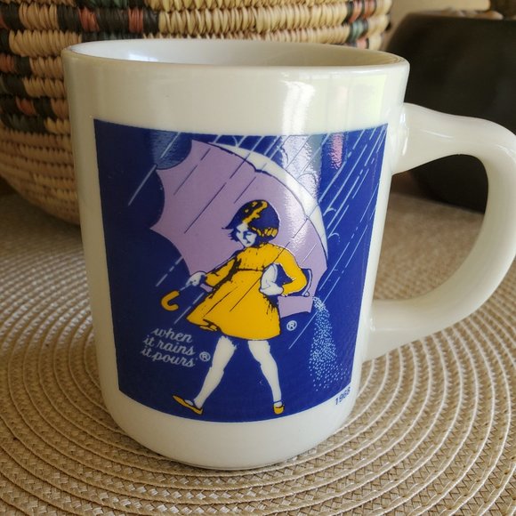 Vintage 1968 Morton Salt Coffee Mug Cup Blue Yellow “When It Rains It Pours!” - Picture 1 of 7